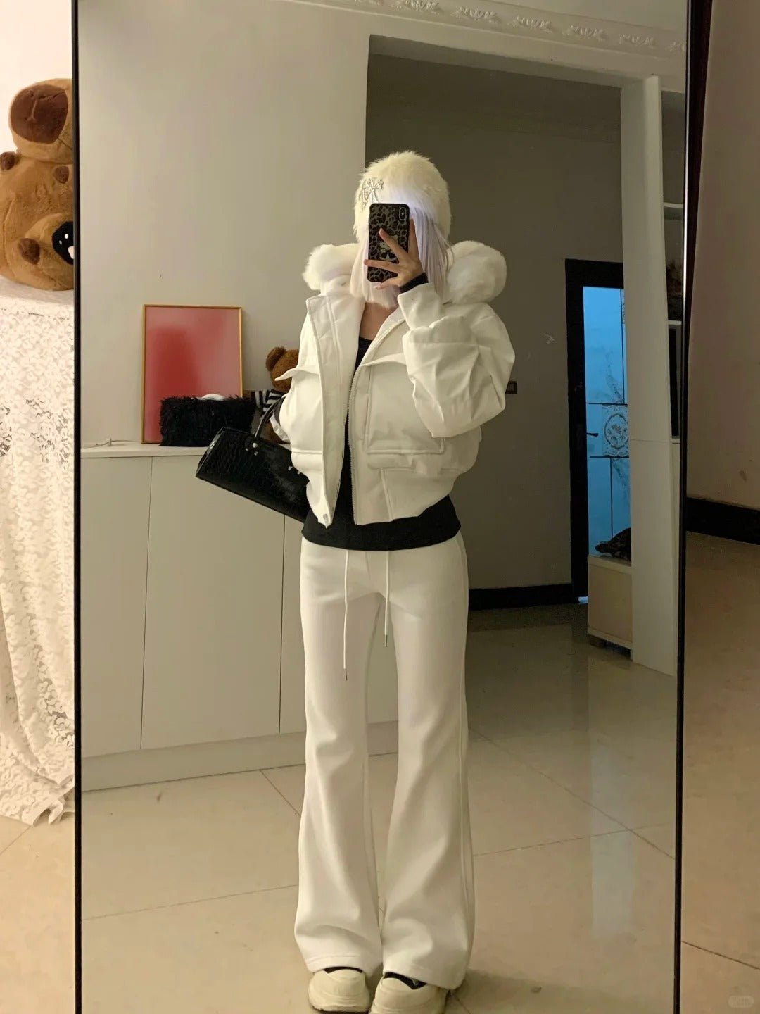 White Fur - Collar Short Jacket with Black Top and White Flared Pants Y2K Outfit - tutufox -