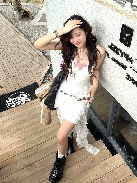 White Lace Spaghetti - Strap Beach Vacation Waist - Cinched Asymmetrical Maxi Dress - tutufox -