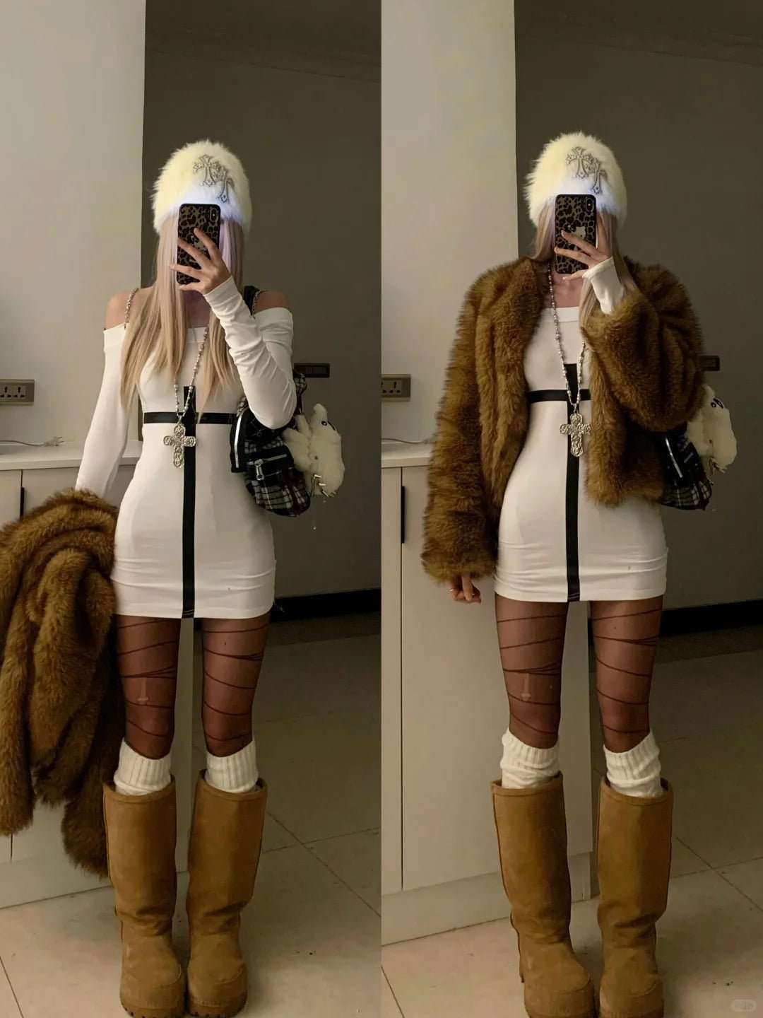 White Off - Shoulder Dress and Brown Fur Coat Y2K Outfit - tutufox -