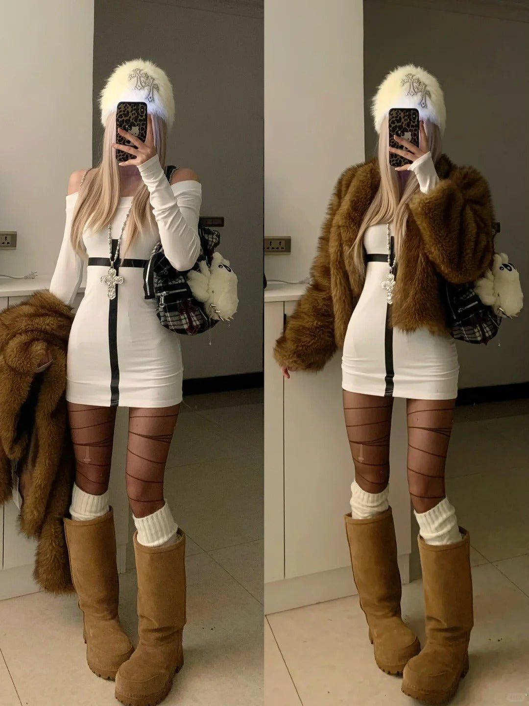 White Off - Shoulder Dress and Brown Fur Coat Y2K Outfit - tutufox -