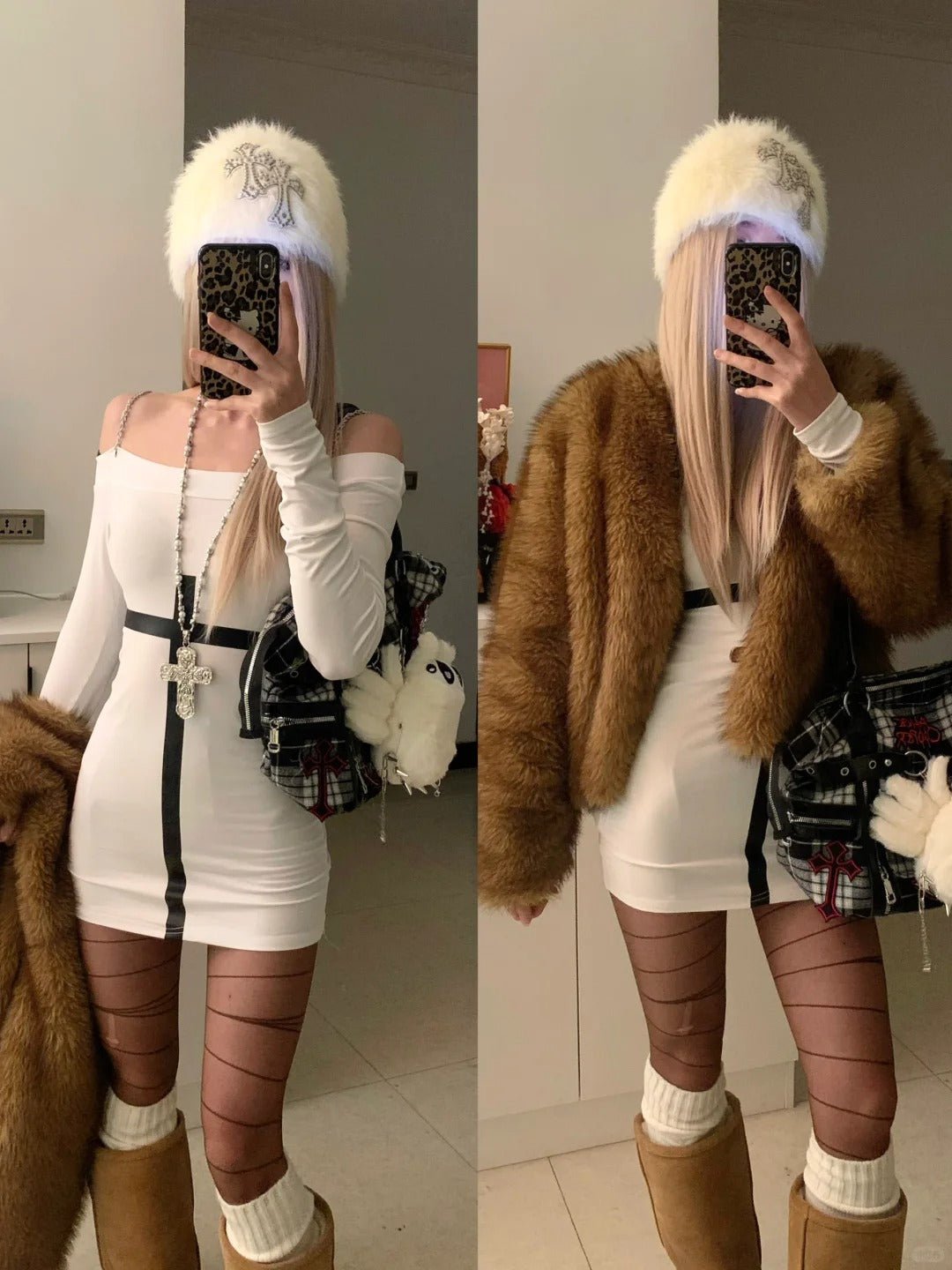 White Off - Shoulder Dress and Brown Fur Coat Y2K Outfit - tutufox -
