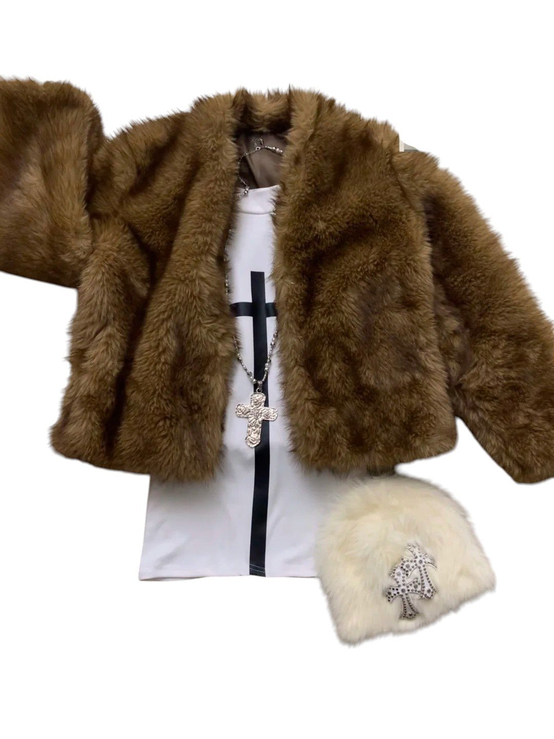 White Off - Shoulder Dress and Brown Fur Coat Y2K Outfit - tutufox -
