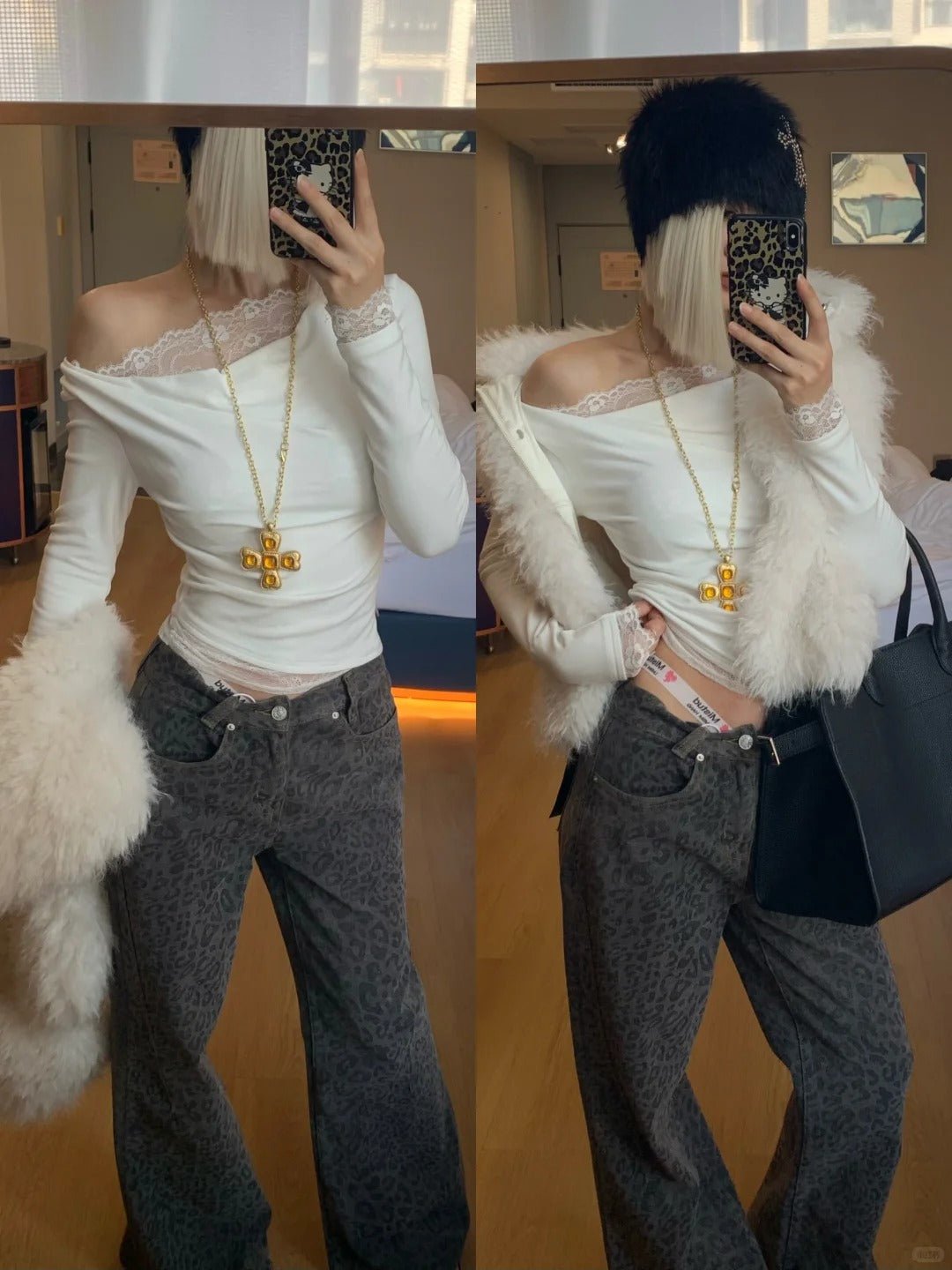 White Off - Shoulder Long Sleeve Top with Leopard Wide Jeans and White Fur Vest 3 - Piece Y2K Set - tutufox -