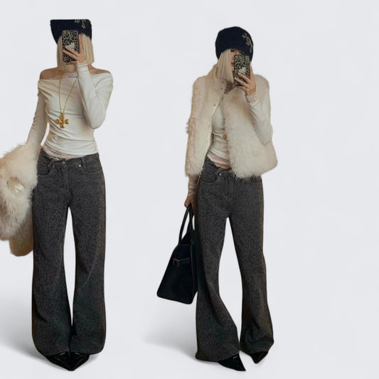 White Off - Shoulder Long Sleeve Top with Leopard Wide Jeans and White Fur Vest 3 - Piece Y2K Set - tutufox -