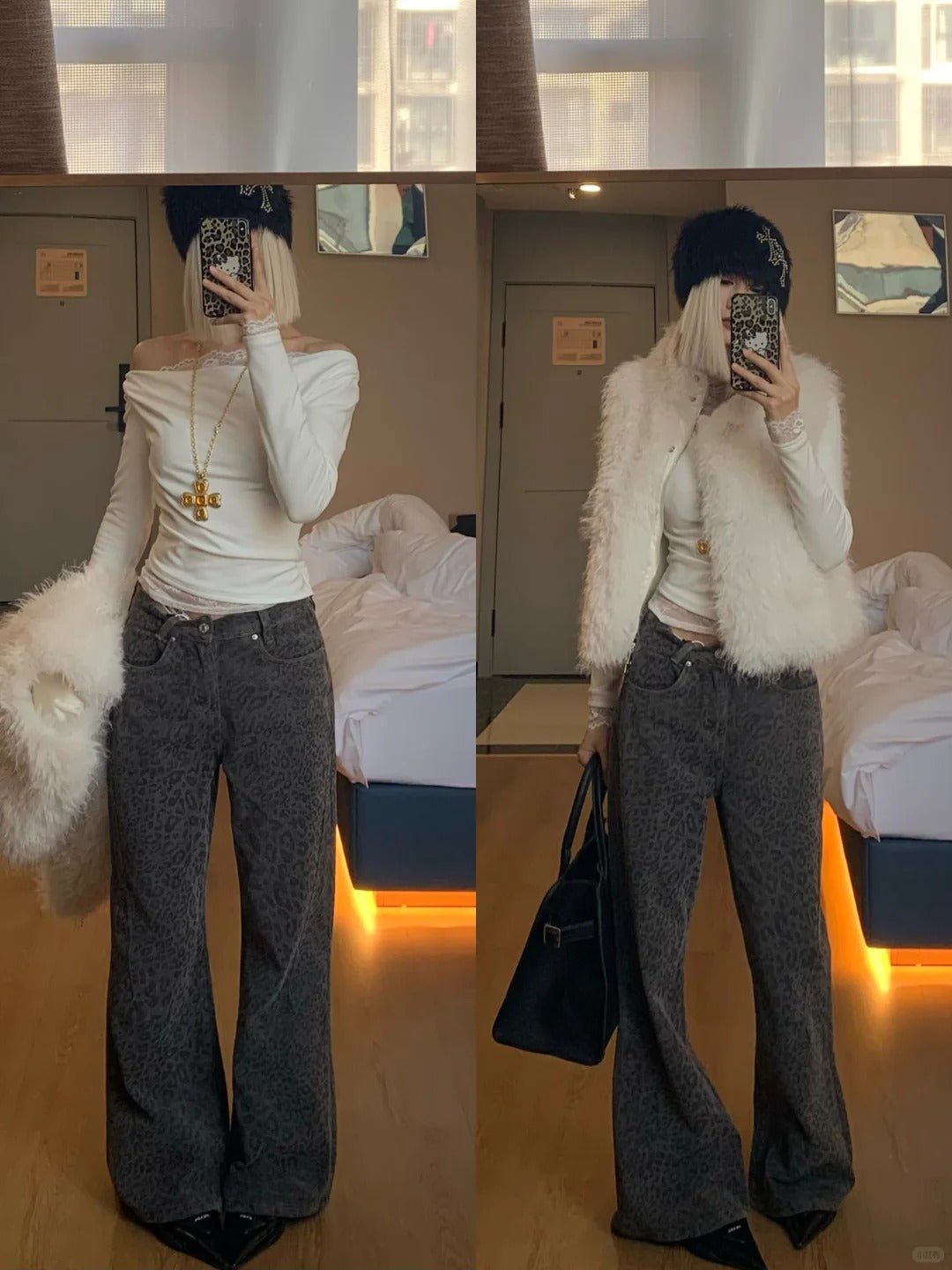 White Off - Shoulder Long Sleeve Top with Leopard Wide Jeans and White Fur Vest 3 - Piece Y2K Set - tutufox -