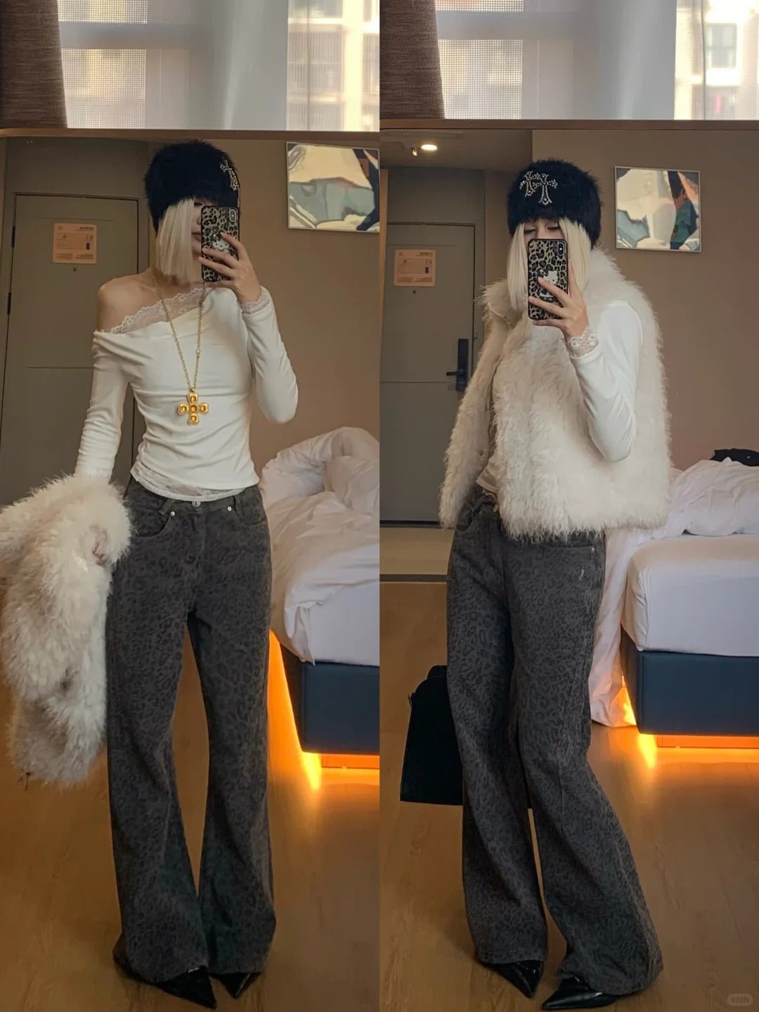White Off - Shoulder Long Sleeve Top with Leopard Wide Jeans and White Fur Vest 3 - Piece Y2K Set - tutufox -