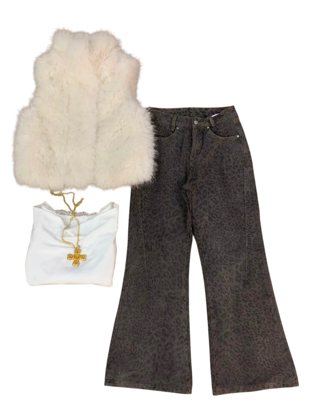 White Off - Shoulder Long Sleeve Top with Leopard Wide Jeans and White Fur Vest 3 - Piece Y2K Set - tutufox -