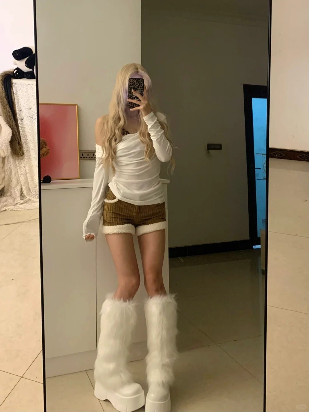 White Off - Shoulder Top and Striped Fluffy Shorts Y2K Two Piece Sets - tutufox -