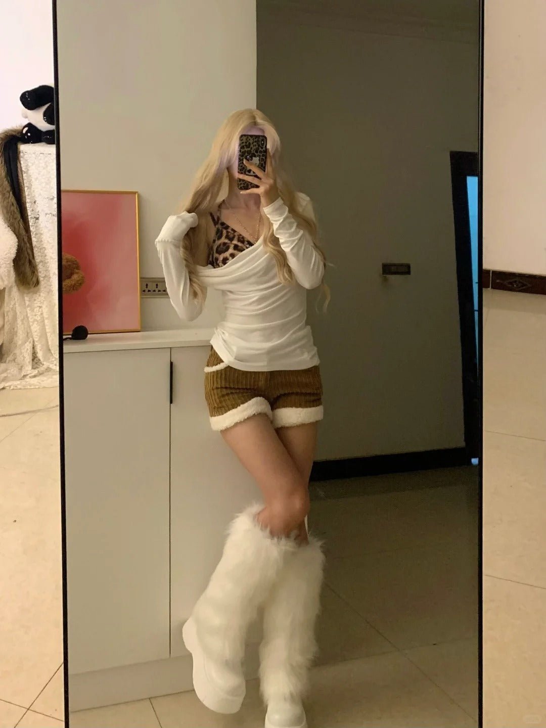 White Off - Shoulder Top and Striped Fluffy Shorts Y2K Two Piece Sets - tutufox -