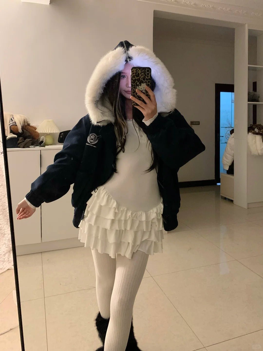White Ruffle Mini Skirt with Navy Fur - Collar Short Jacket Y2K Outfit - tutufox -