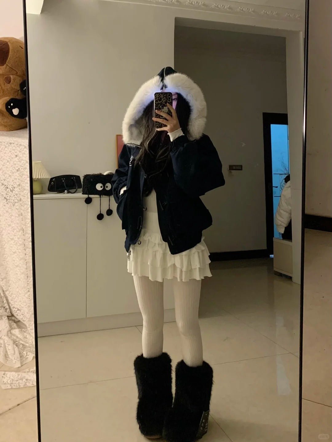 White Ruffle Mini Skirt with Navy Fur - Collar Short Jacket Y2K Outfit - tutufox -