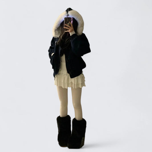 White Ruffle Mini Skirt with Navy Fur - Collar Short Jacket Y2K Outfit - tutufox -