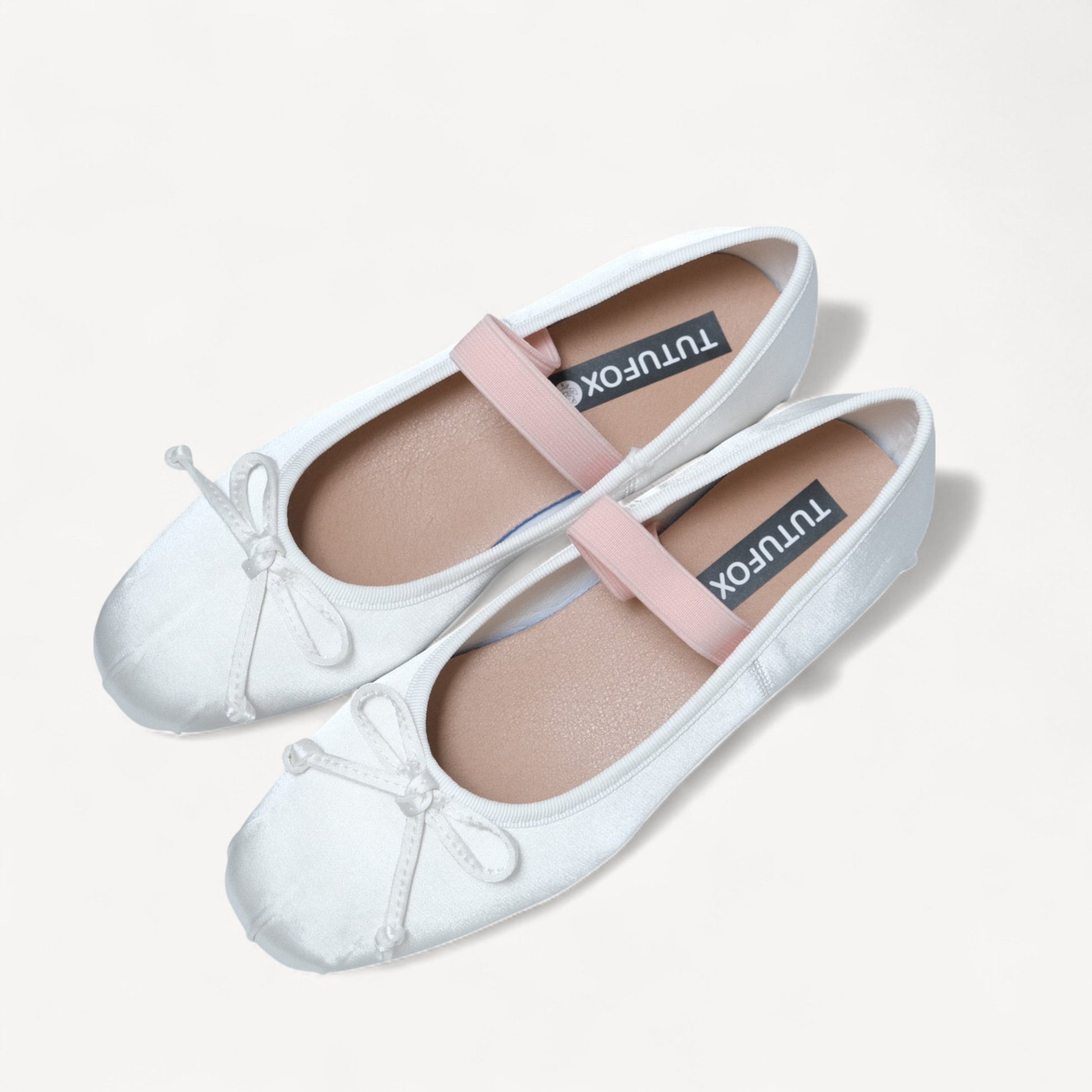 White Satin Ballet Bow Elastic Strap Flats - tutufox - shoes