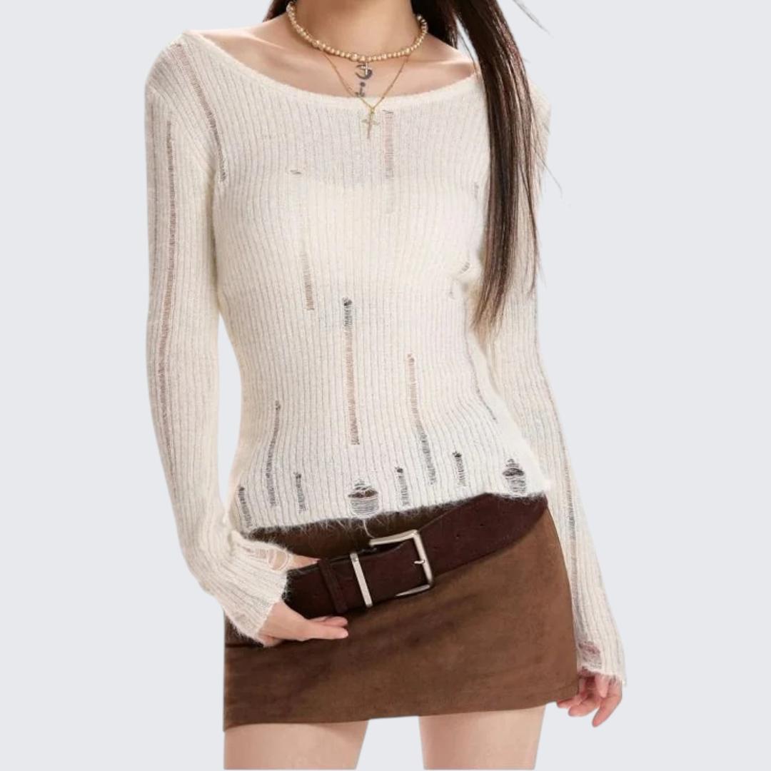 White Slant-Shoulder Long-Sleeve Knitted Sweater For Women - Spring & Autumn