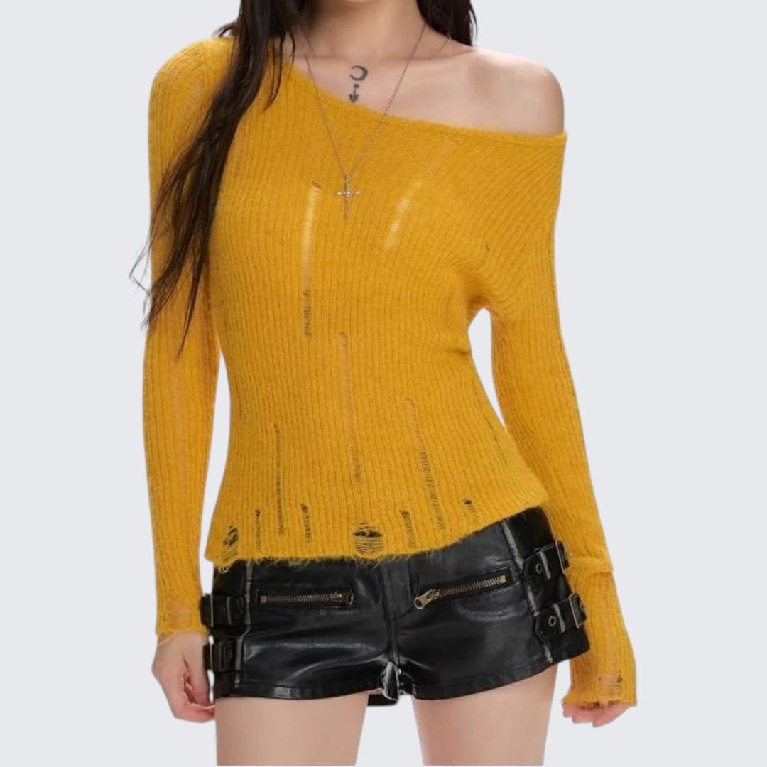 White Slant-Shoulder Long-Sleeve Knitted Sweater For Women - Spring & Autumn