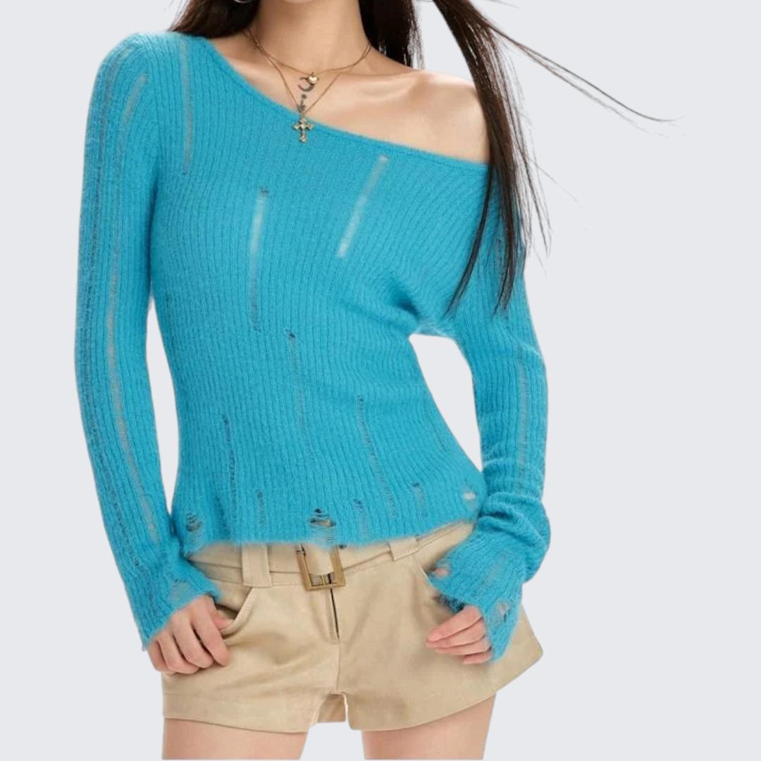 White Slant-Shoulder Long-Sleeve Knitted Sweater For Women - Spring & Autumn