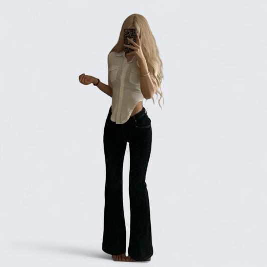 White Slim Shirt and Flare Jeans Y2K Outfit - tutufox -