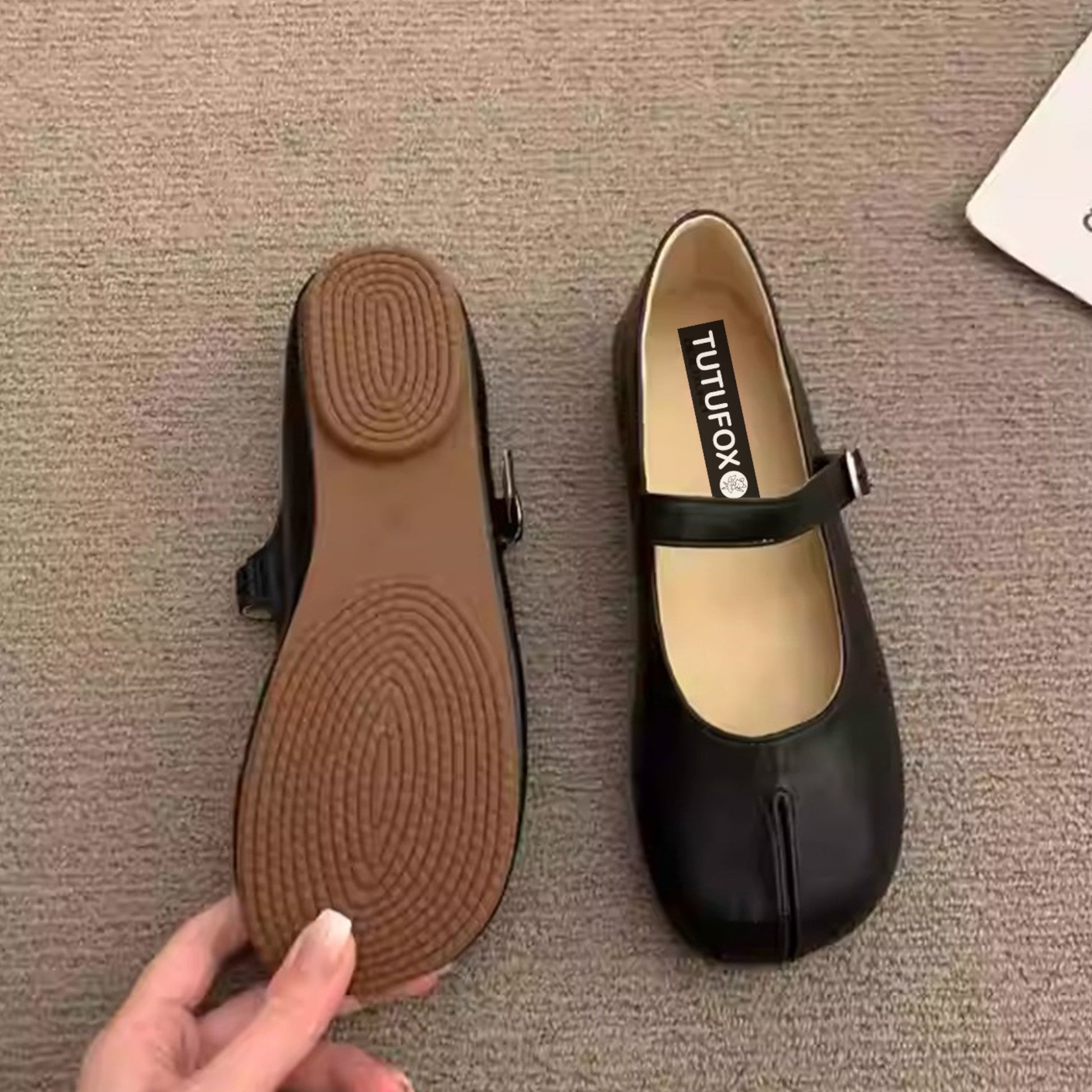 White Soft Leather Mary Jane Flat Fake Split - Toe Tabi - tutufox - shoes