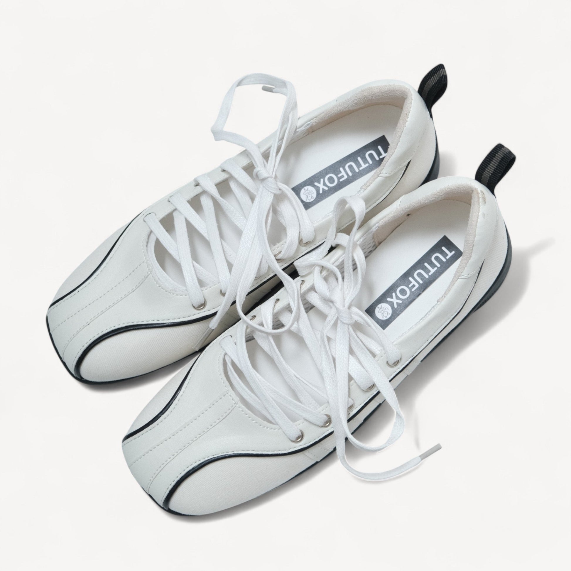 White Soft Leather Square Toe Balletsneaker Flats - tutufox - shoes