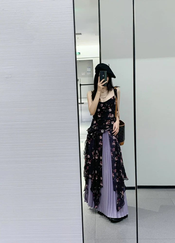 Wild Rose Print Two - Piece Halter Asymmetrical Hot Girl Waist - Cinched Summer Maxi Dress - tutufox -