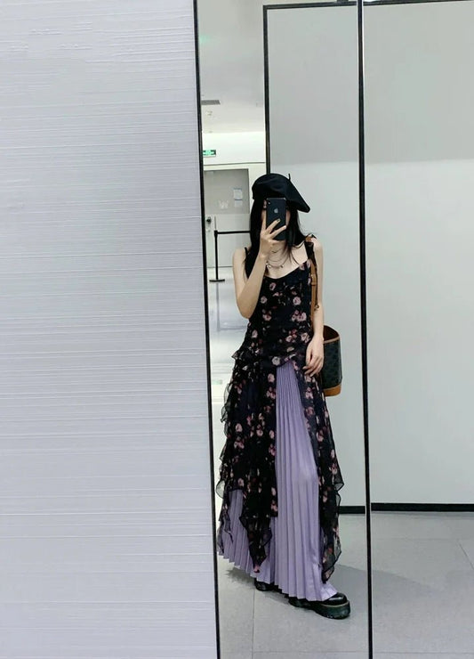 Wild Rose Print Two - Piece Halter Asymmetrical Hot Girl Waist - Cinched Summer Maxi Dress - tutufox -