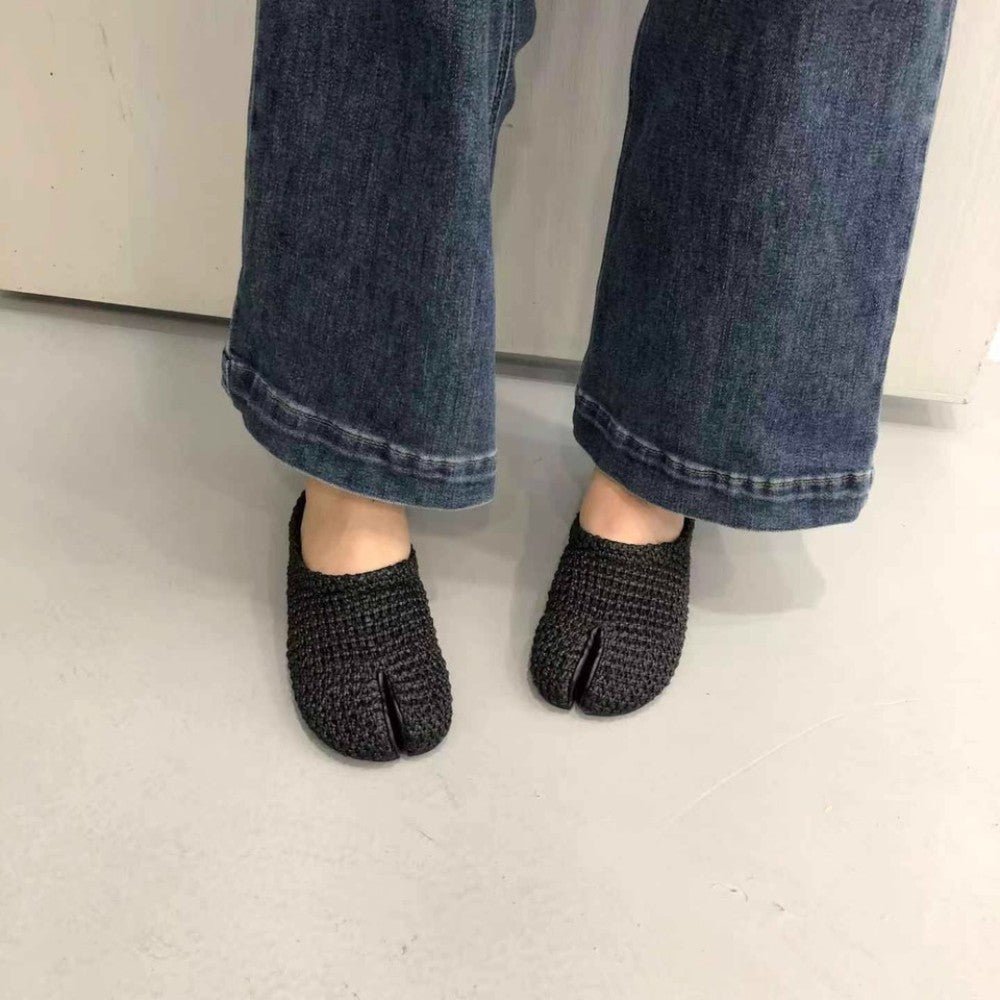 Woven Black Split Toe Women’s Slide Sandals Tabi - tutufox - tabis