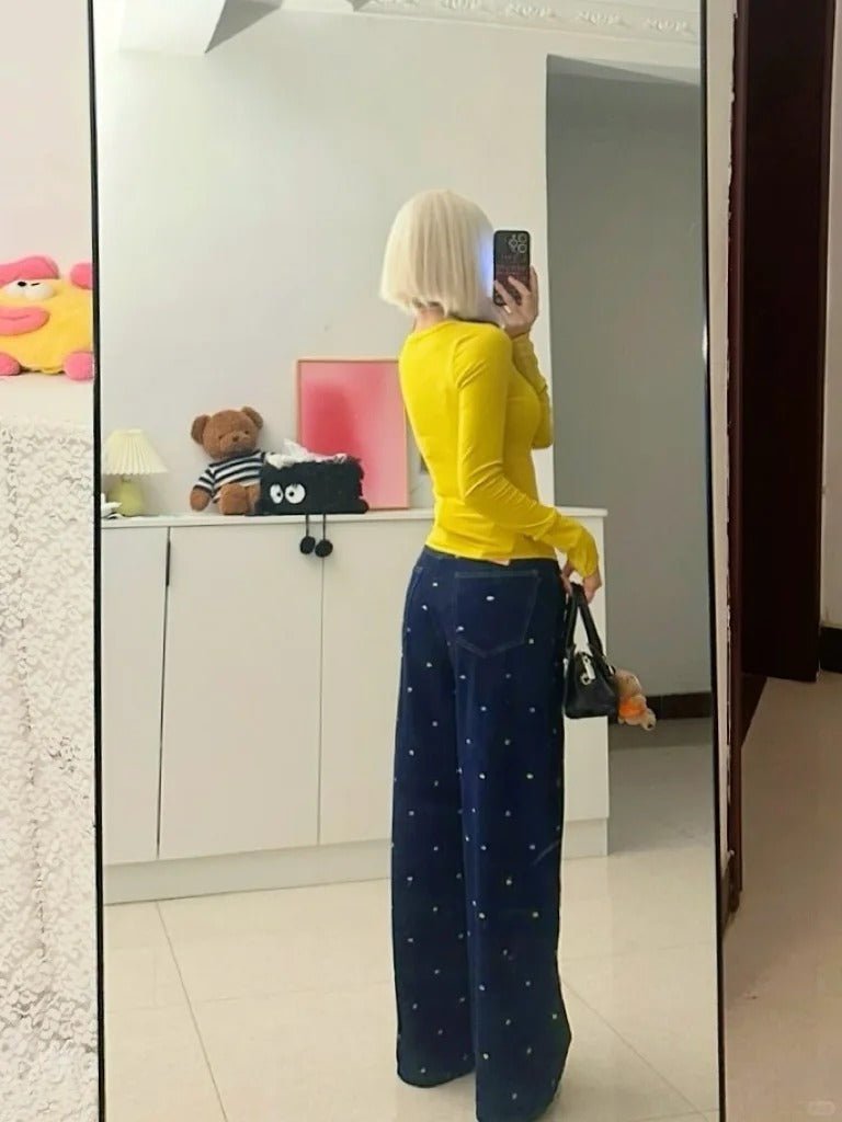 Yellow Button Top with Blue Polka Wide Jeans Y2K Two - Piece Set - tutufox -