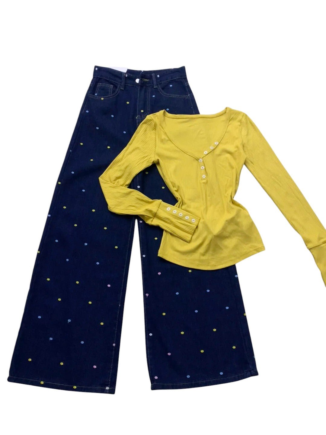 Yellow Button Top with Blue Polka Wide Jeans Y2K Two - Piece Set - tutufox -