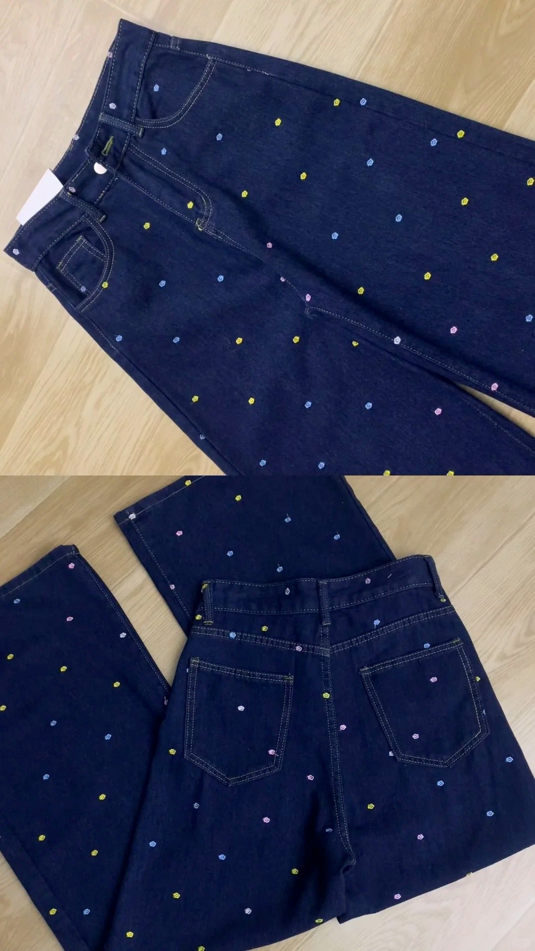Yellow Button Top with Blue Polka Wide Jeans Y2K Two - Piece Set - tutufox -