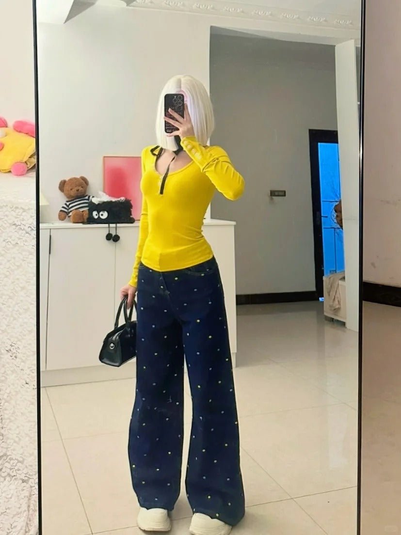 Yellow Button Top with Blue Polka Wide Jeans Y2K Two - Piece Set - tutufox -