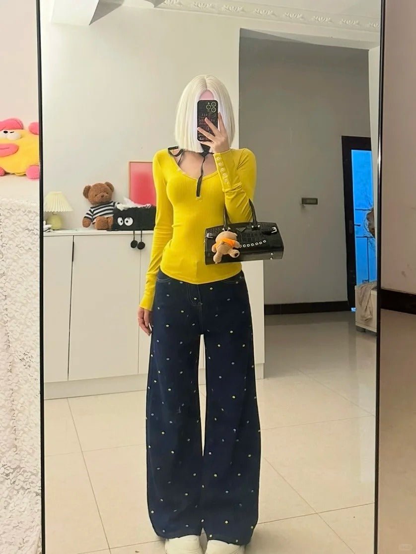 Yellow Button Top with Blue Polka Wide Jeans Y2K Two - Piece Set - tutufox -