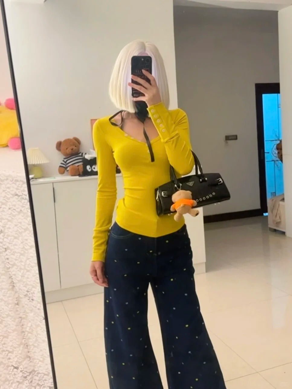 Yellow Button Top with Blue Polka Wide Jeans Y2K Two - Piece Set - tutufox -
