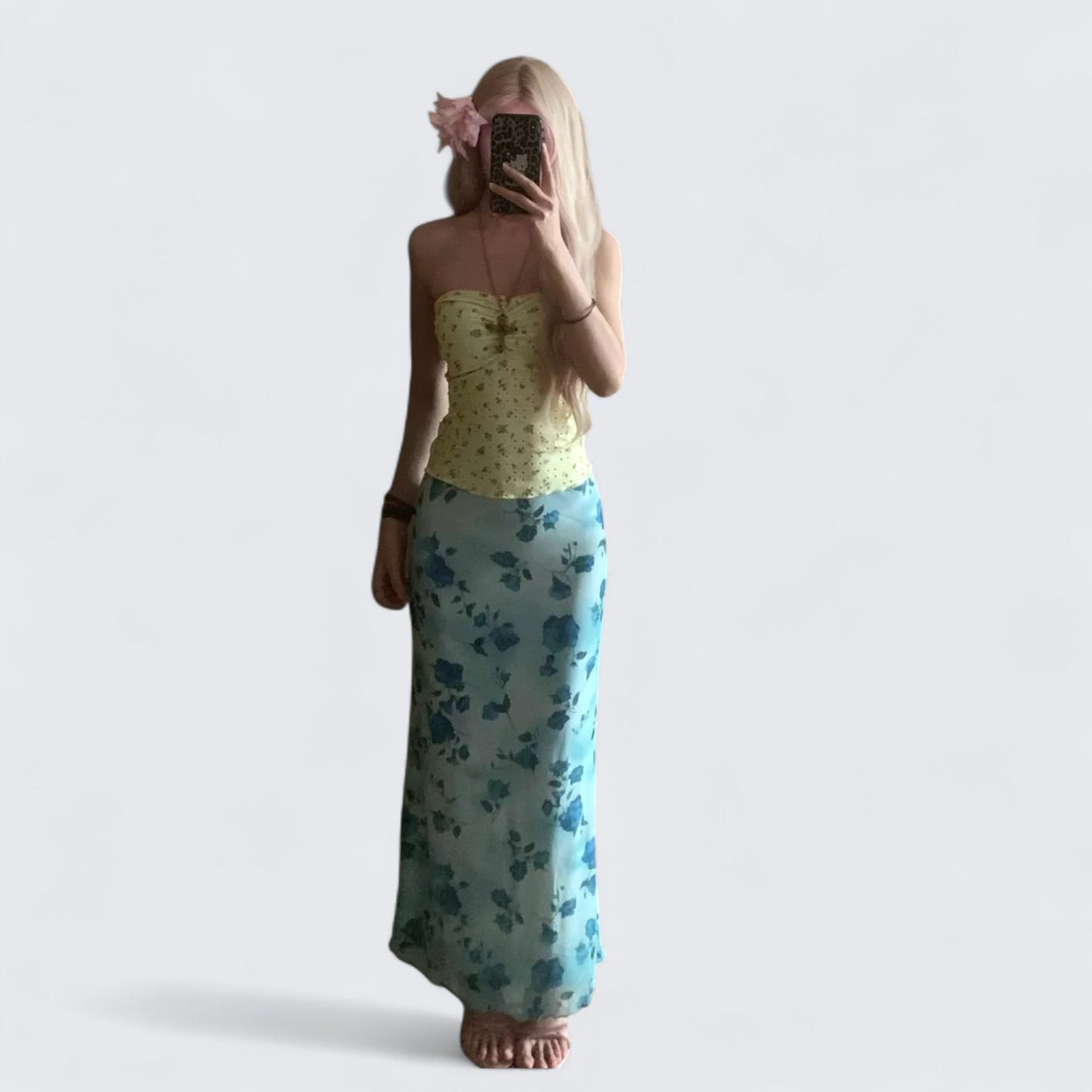 Yellow Floral Tube Top and Blue Floral Maxi Skirt Y2K Two Pieces Sets - tutufox -