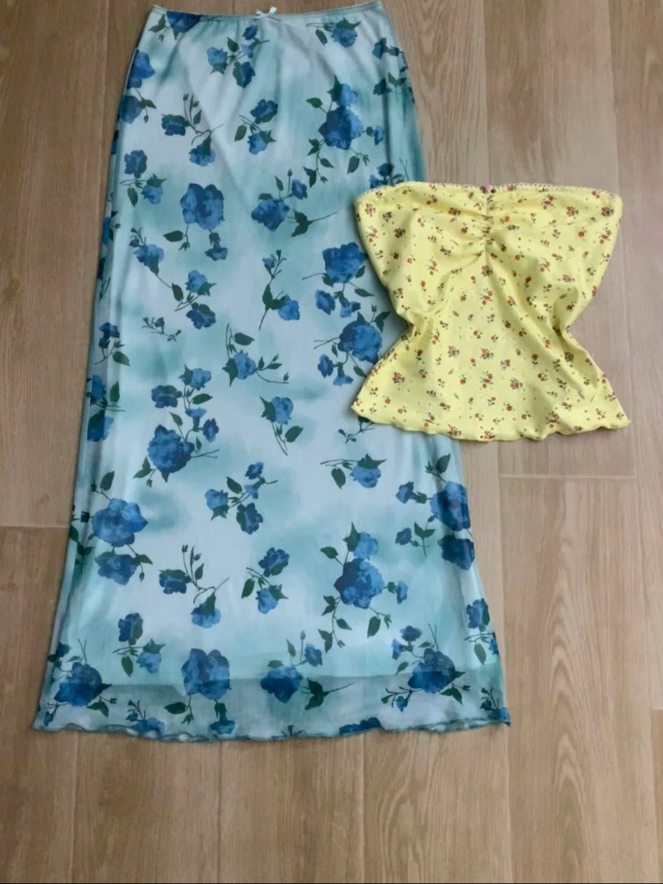 Yellow Floral Tube Top and Blue Floral Maxi Skirt Y2K Two Pieces Sets - tutufox -
