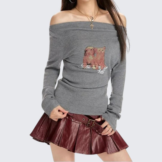 Yellow One - Shoulder Printed Long - Sleeve Sweater For Women - Spring & Autumn - tutufox -