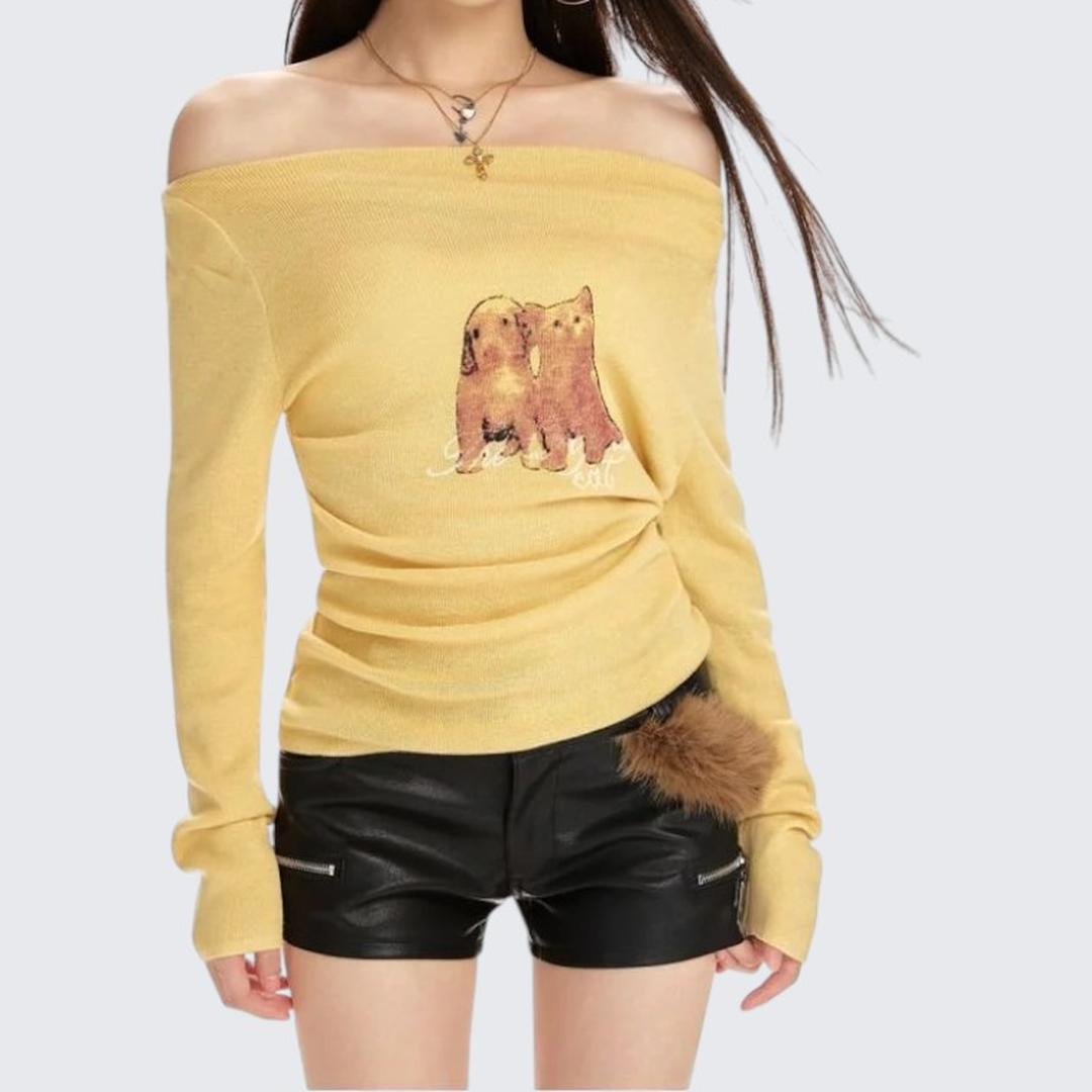 Yellow One - Shoulder Printed Long - Sleeve Sweater For Women - Spring & Autumn - tutufox -