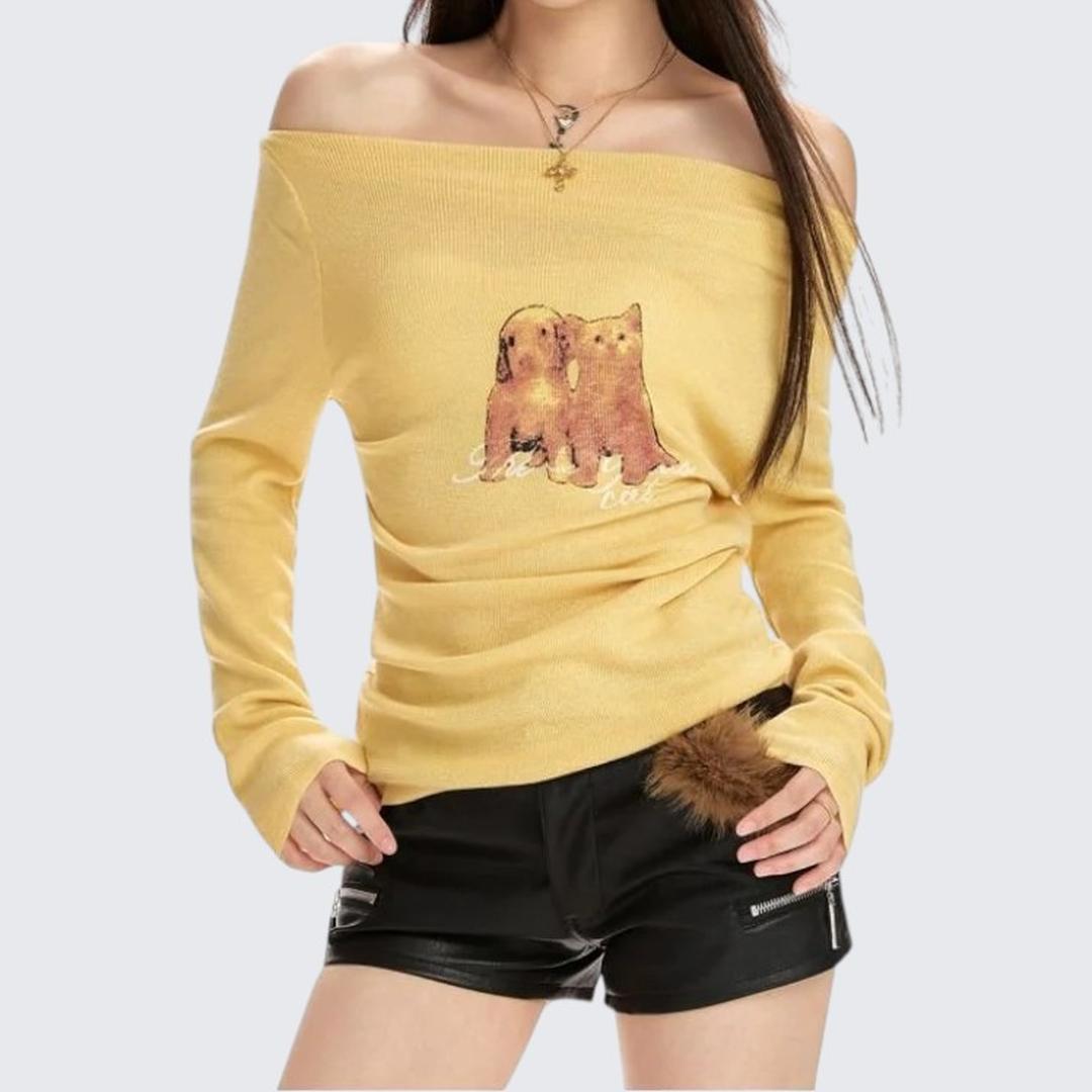 Yellow One - Shoulder Printed Long - Sleeve Sweater For Women - Spring & Autumn - tutufox -