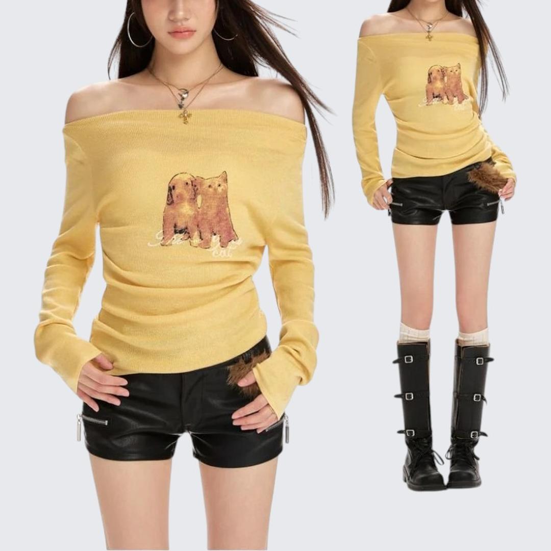 Yellow One - Shoulder Printed Long - Sleeve Sweater For Women - Spring & Autumn - tutufox -