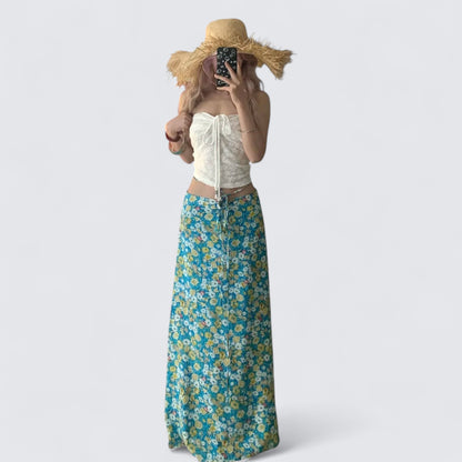 White Tie-Front Bustier and Blue Floral Skirt Y2K Two Pieces Sets