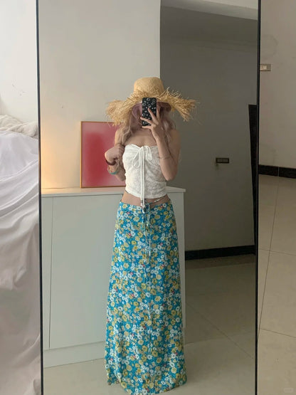 White Tie-Front Bustier and Blue Floral Skirt Y2K Two Pieces Sets