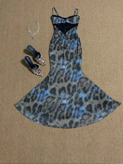 Blue Leopard Lace Halter Maxi Dress Y2K Midi Dress