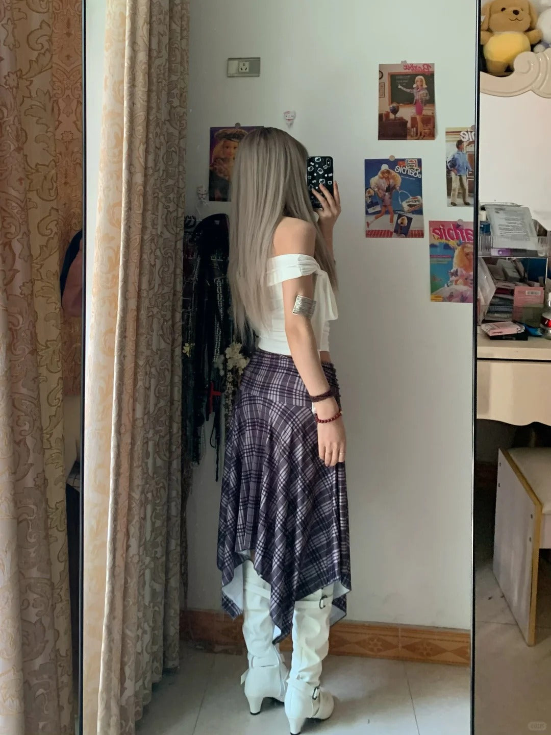 White One Shoulder Crop and Purple Brown Plaid Skirt Y2K Two Pieces Sets