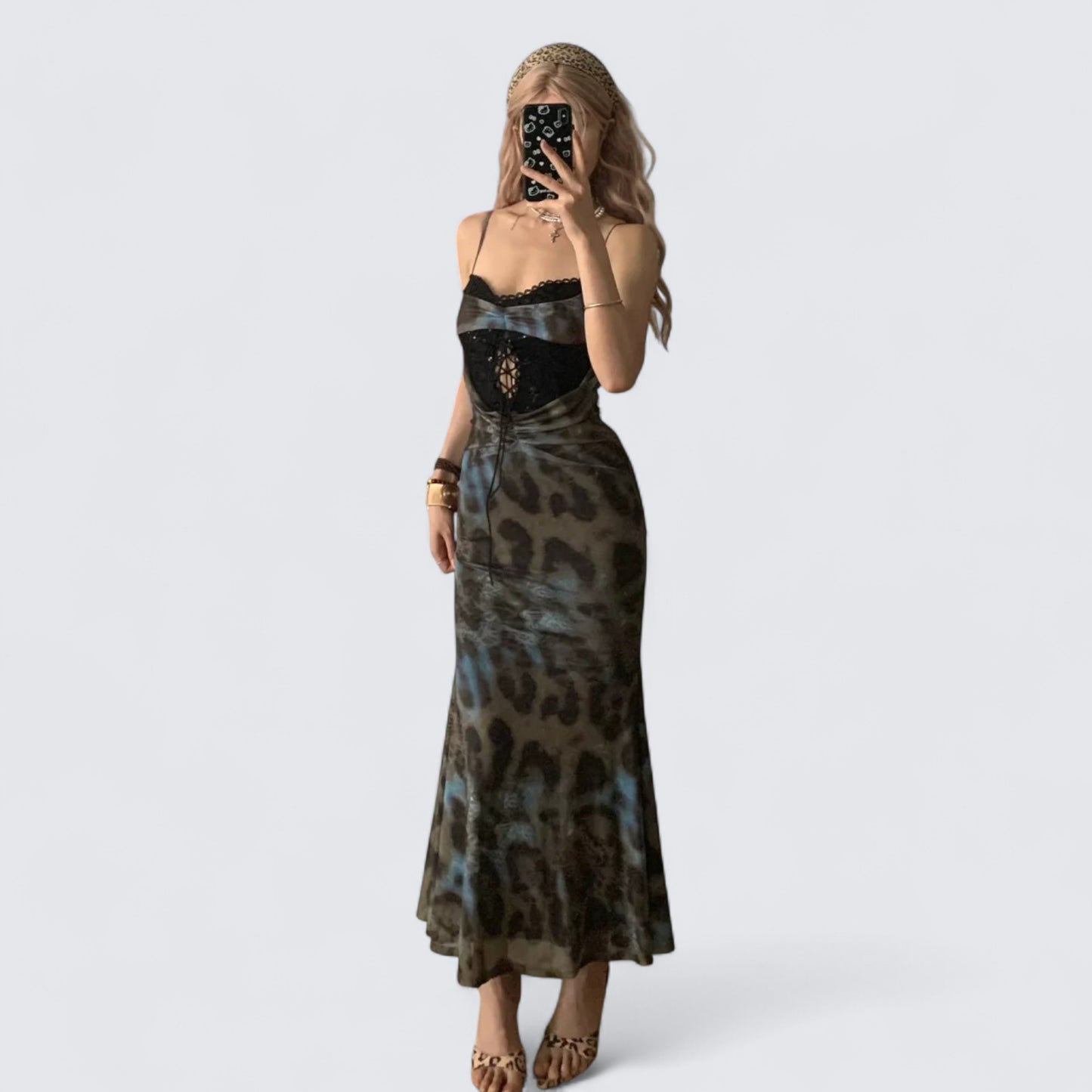 Blue Leopard Lace Halter Maxi Dress Y2K Midi Dress