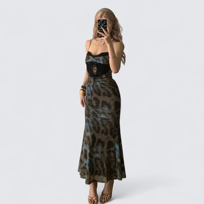 Blue Leopard Lace Halter Maxi Dress Y2K Midi Dress