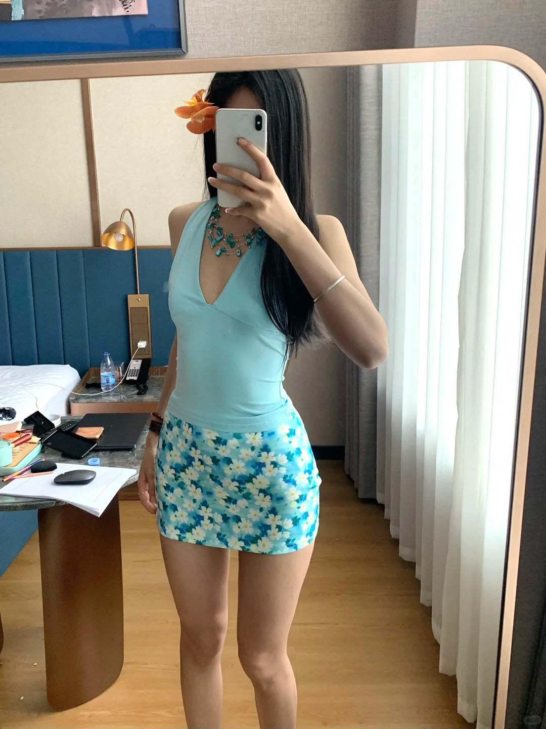 Blue Halter and Blue Floral Skirt Y2K Two Pieces Sets