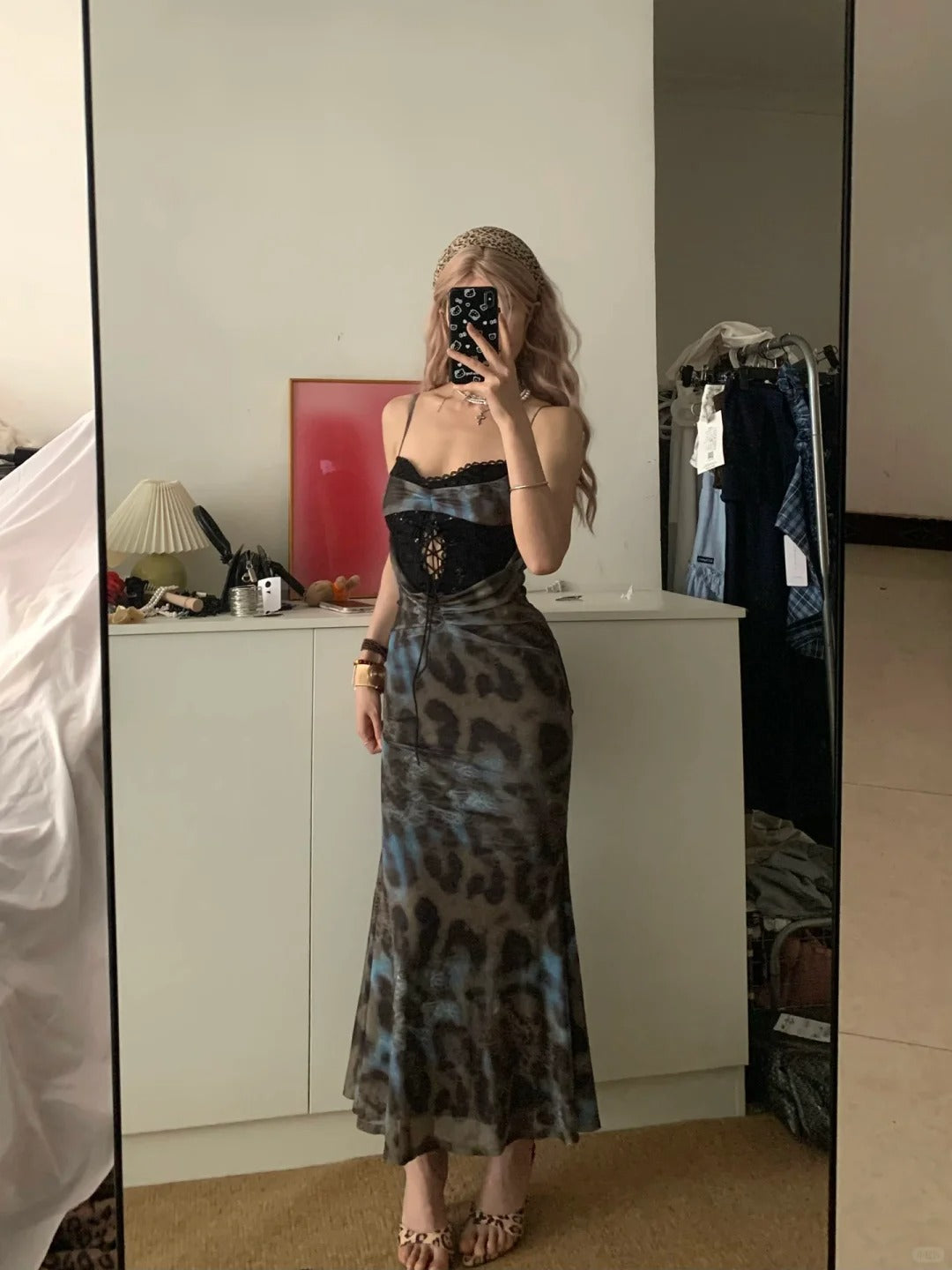 Blue Leopard Lace Halter Maxi Dress Y2K Midi Dress