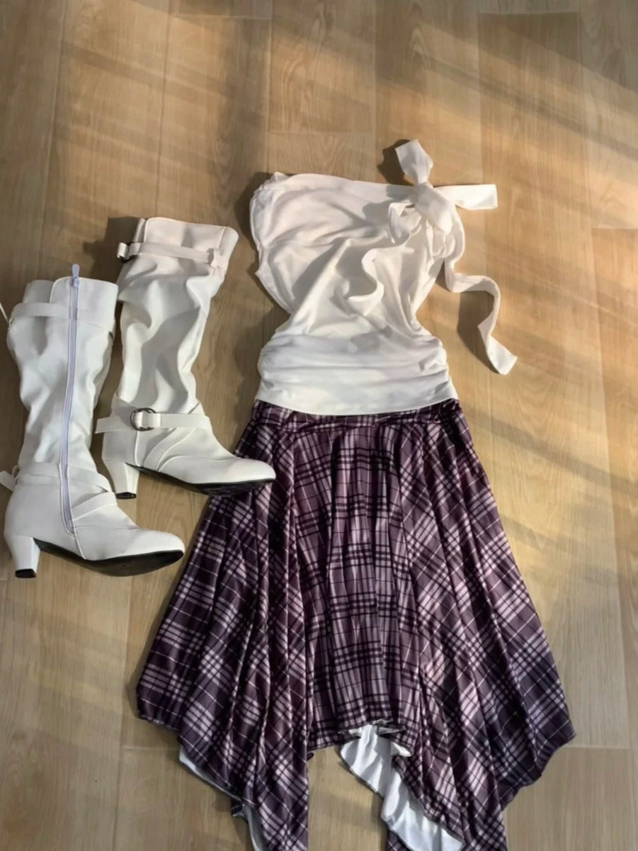 White One Shoulder Crop and Purple Brown Plaid Skirt Y2K Two Pieces Sets