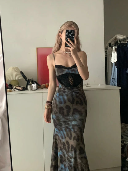 Blue Leopard Lace Halter Maxi Dress Y2K Midi Dress