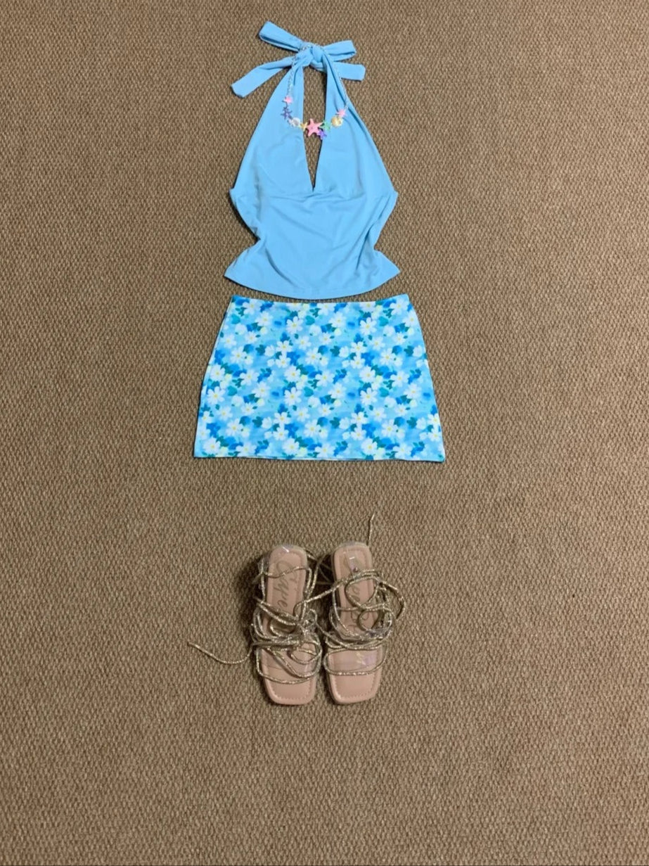 Blue Halter and Blue Floral Skirt Y2K Two Pieces Sets