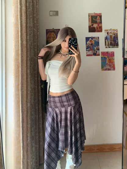 White One Shoulder Crop and Purple Brown Plaid Skirt Y2K Two Pieces Sets